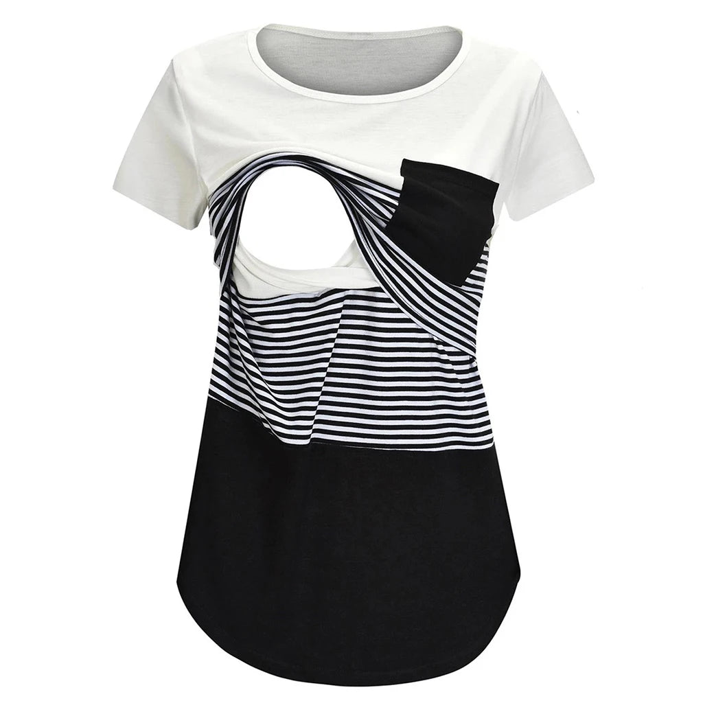 Striped Nursing Maternity T-Shirt Short Sleeve Top black l by HitMyNeed