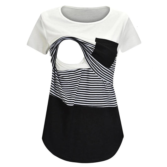 Striped Nursing Maternity T-Shirt Short Sleeve Top black l by HitMyNeed