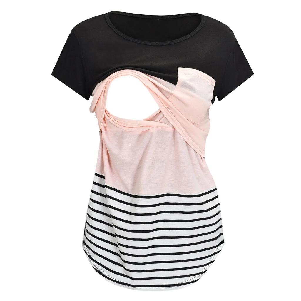 Striped Nursing Maternity T-Shirt Short Sleeve Top pink l by HitMyNeed