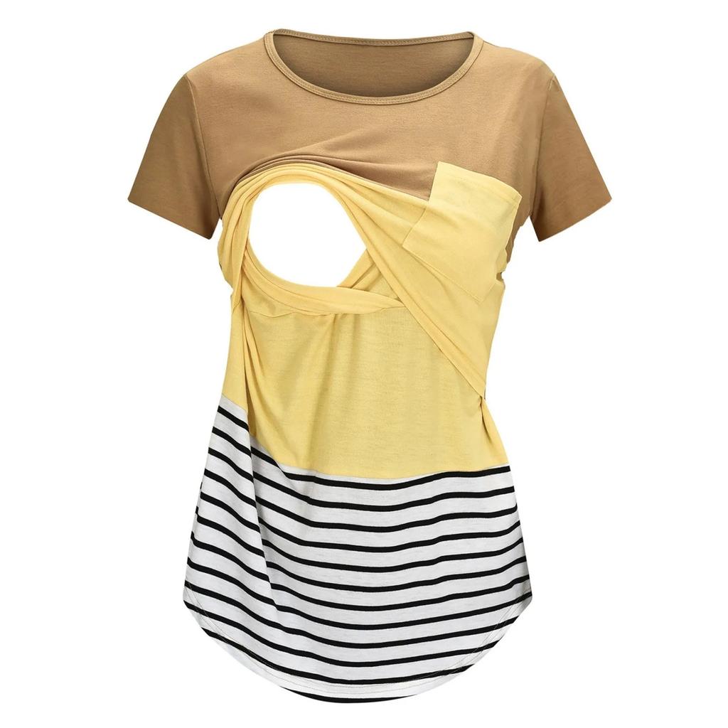 Striped Nursing Maternity T-Shirt Short Sleeve Top yellow m by HitMyNeed