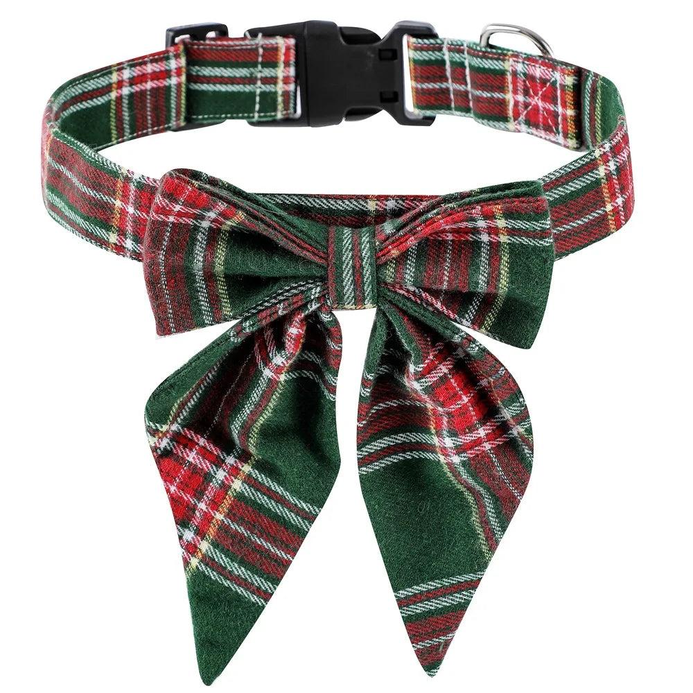 Stylish Christmas Dog Collar with Festive Bow green-lattice l-3-0cmx60cm by HitMyNeed