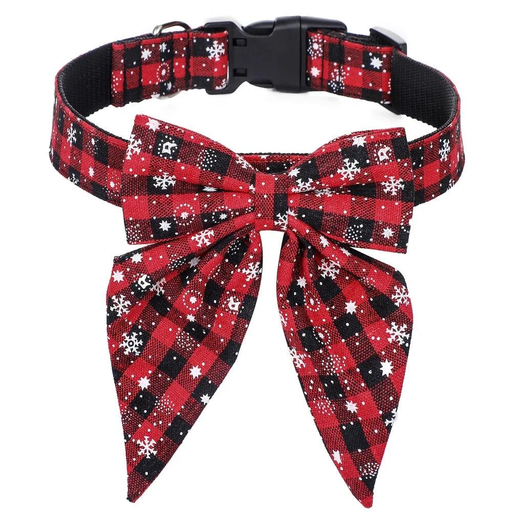 Stylish Christmas Dog Collar with Festive Bow red-black-snow l-3-0cmx60cm by HitMyNeed