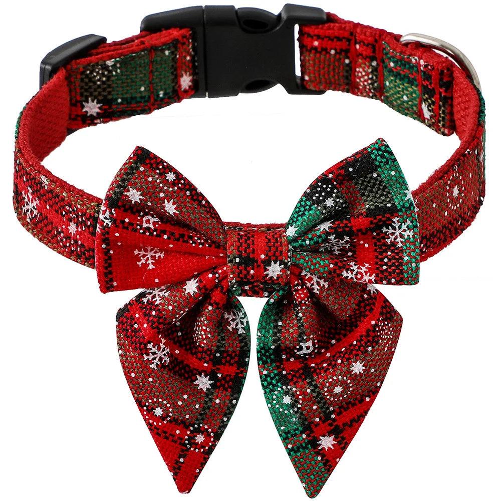 Stylish Christmas Dog Collar with Festive Bow red-green-snow l-3-0cmx60cm by HitMyNeed