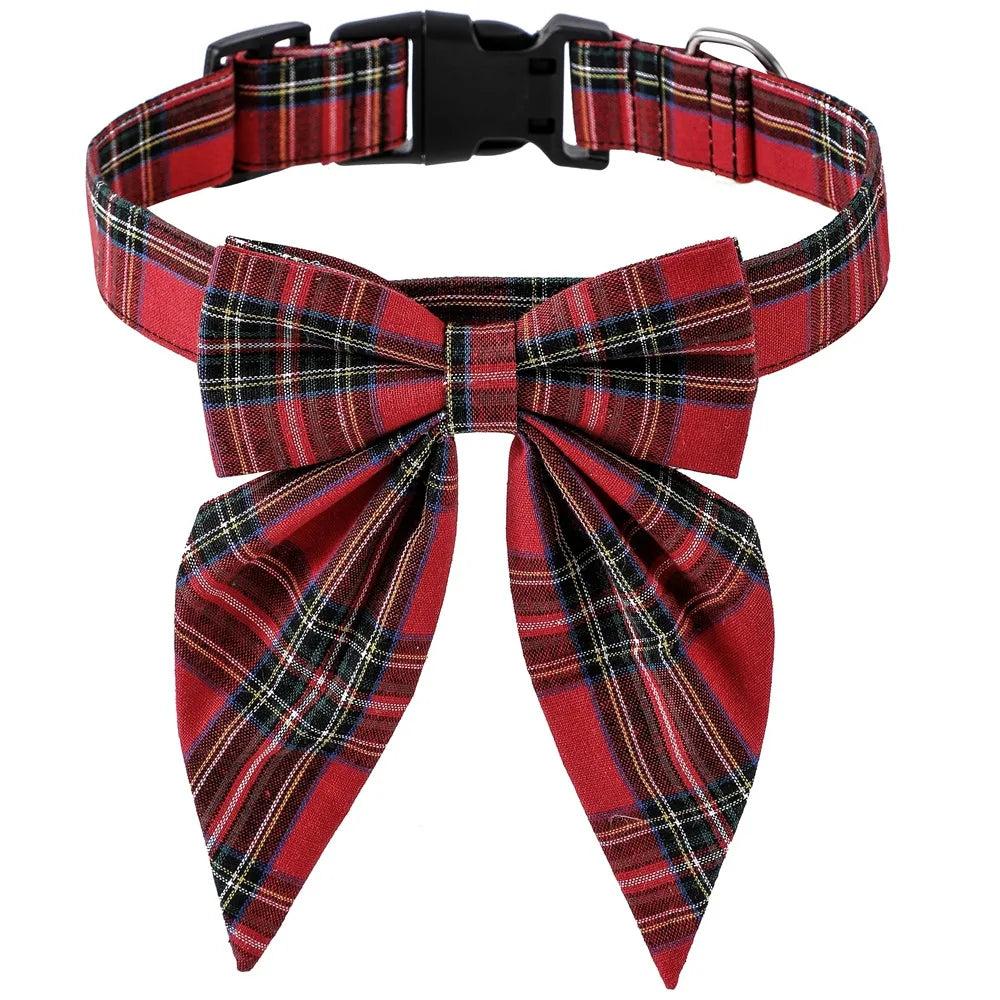 Stylish Christmas Dog Collar with Festive Bow red-lattice l-3-0cmx60cm by HitMyNeed