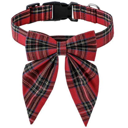 Stylish Christmas Dog Collar with Festive Bow red-lattice l-3-0cmx60cm by HitMyNeed