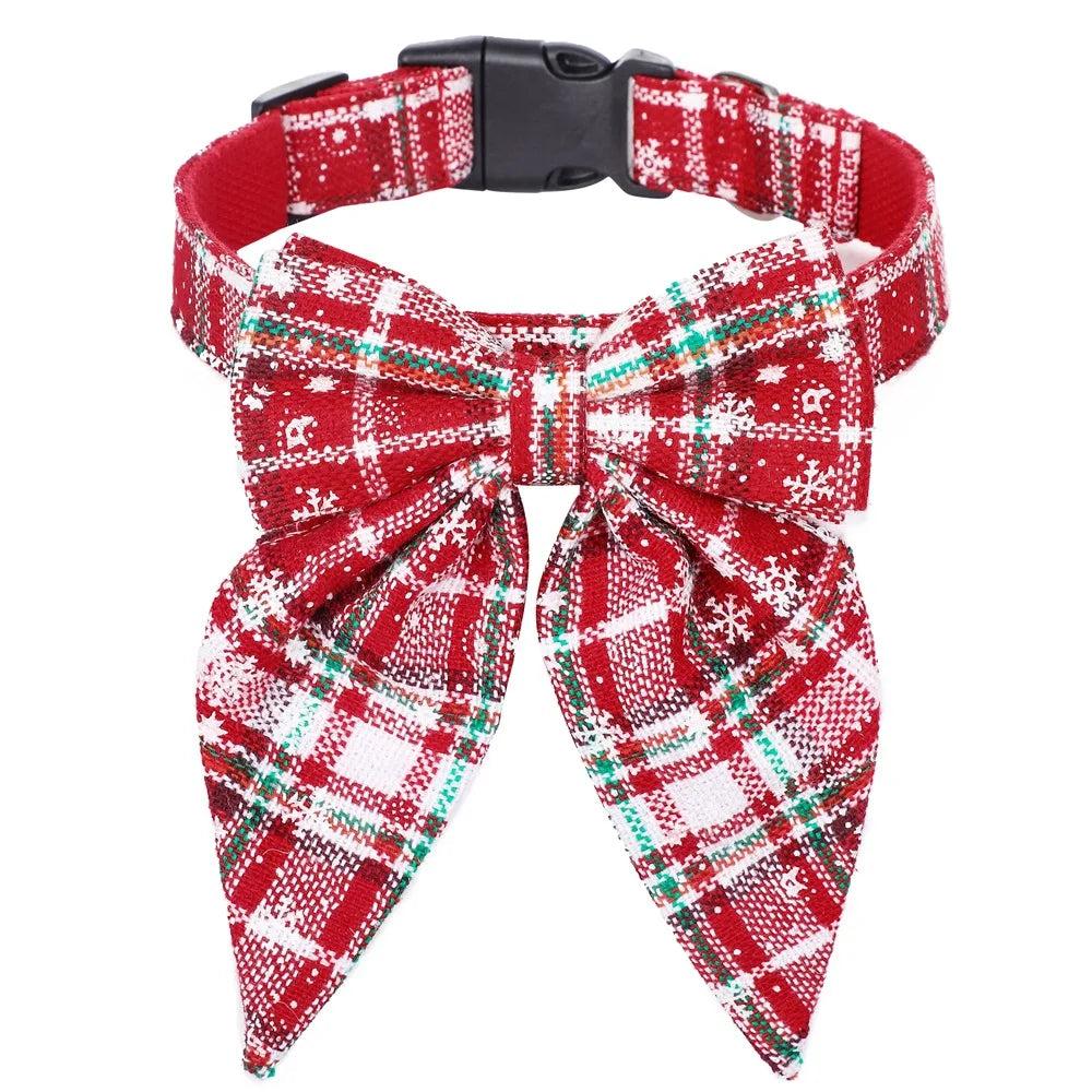Stylish Christmas Dog Collar with Festive Bow red-white-snow l-3-0cmx60cm by HitMyNeed