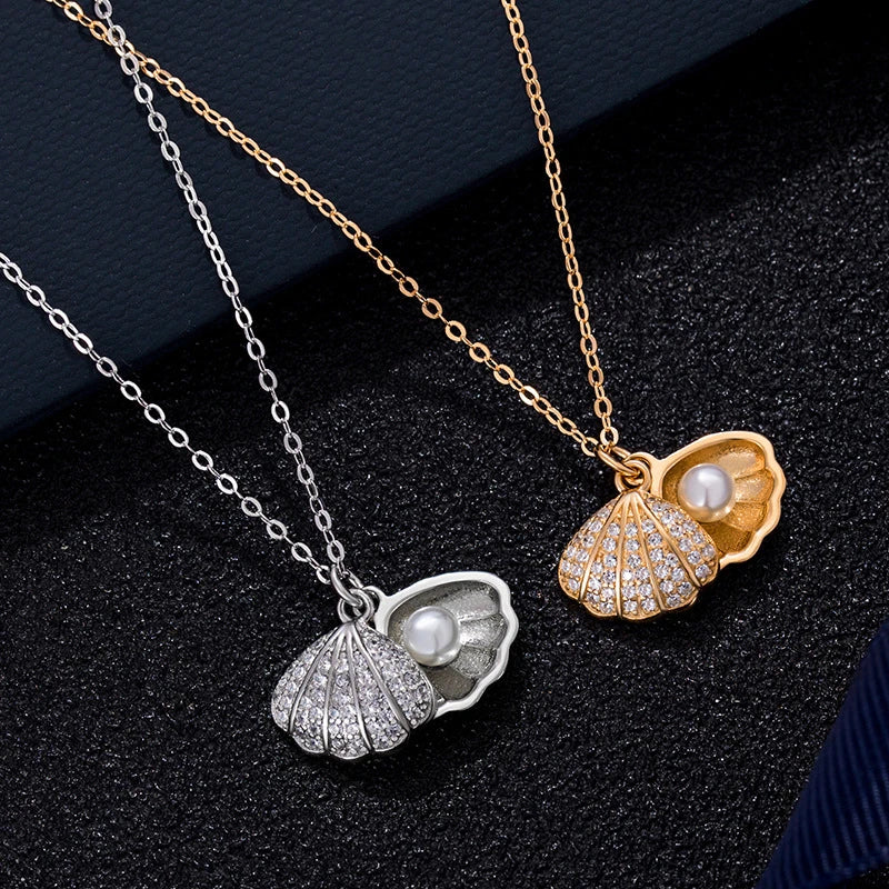 Summer Shell Zircon & Pearl Pendant Necklace by HitMyNeed