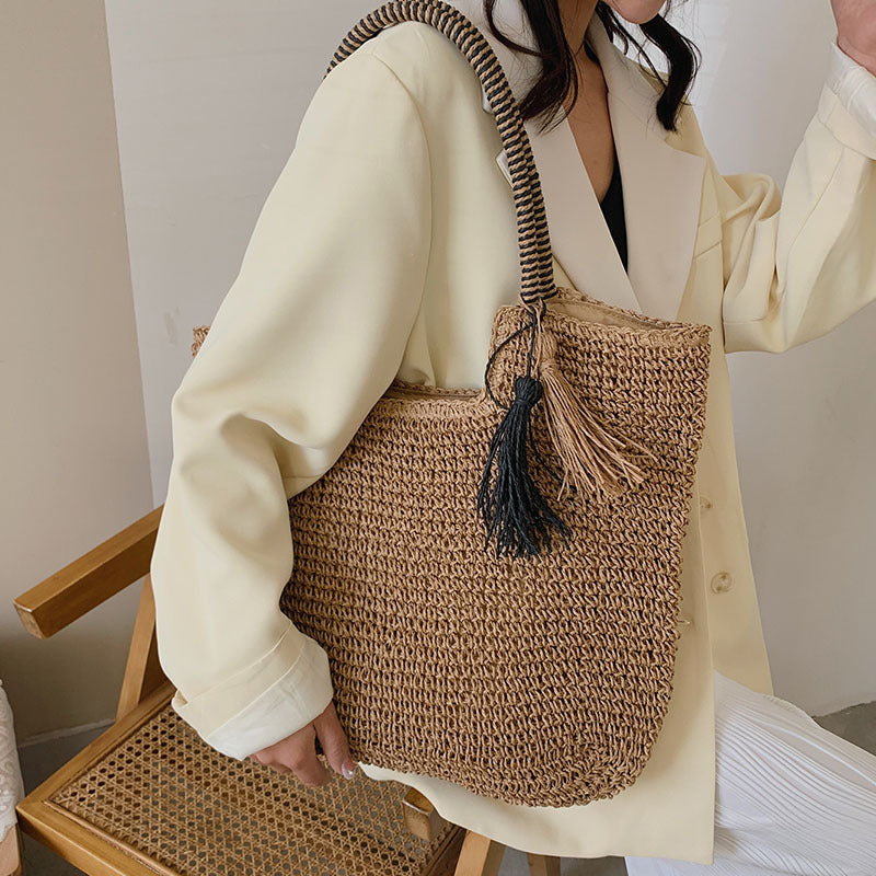 Summer Straw Tote Beach Bag with Zipper Closure by HitMyNeed