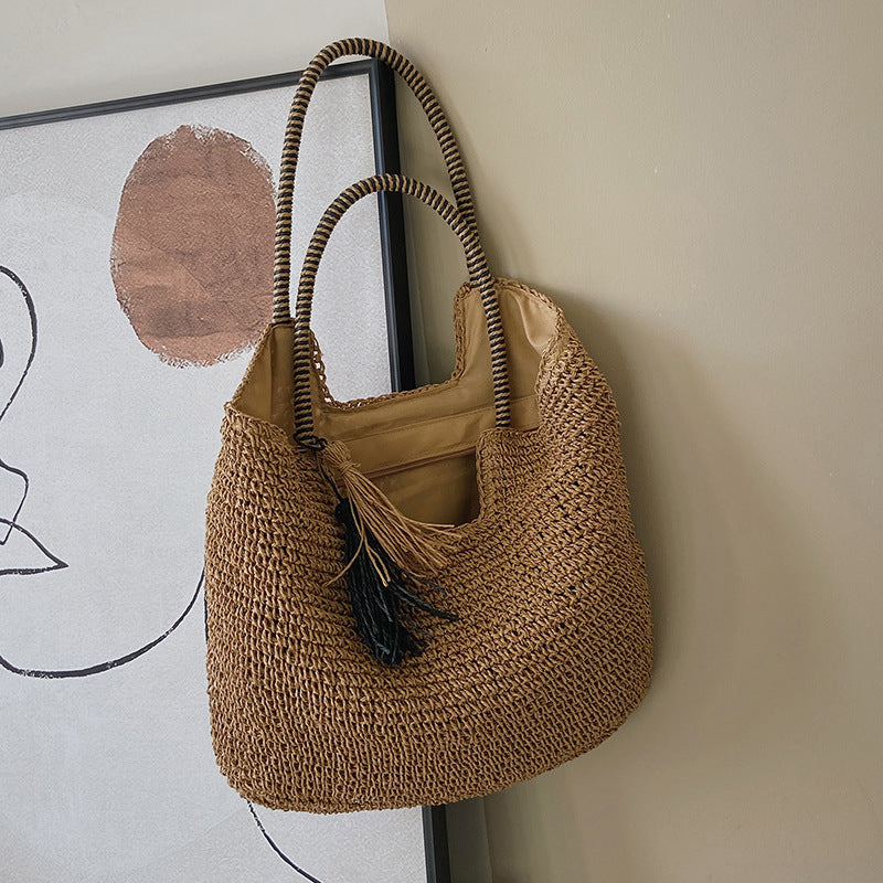 Summer Straw Tote Beach Bag with Zipper Closure by HitMyNeed