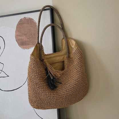 Summer Straw Tote Beach Bag with Zipper Closure by HitMyNeed