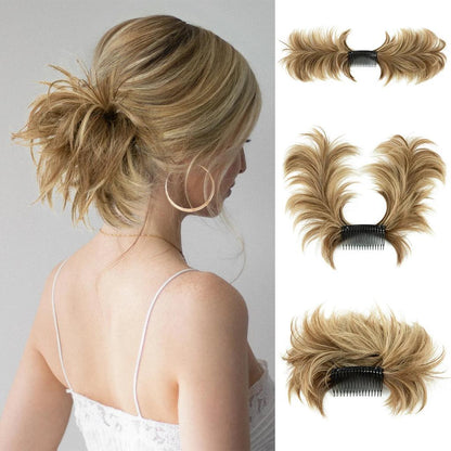 Synthetic Messy Bun Hair Piece Clip-In Curly Chignon brunette-ash-blonde by HitMyNeed