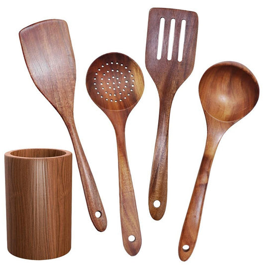 Teak Wooden Cooking Utensil Set with Holder by HitMyNeed