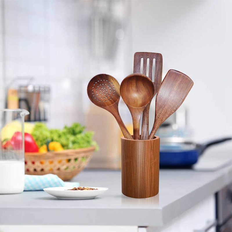 Teak Wooden Cooking Utensil Set with Holder by HitMyNeed