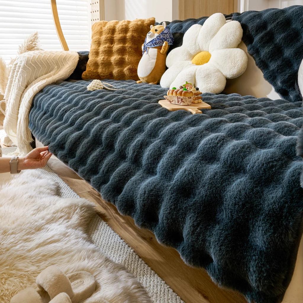 Thick Imitation Rabbit Fur Non-Slip Sofa Slipcover black-gray 70120cm by HitMyNeed