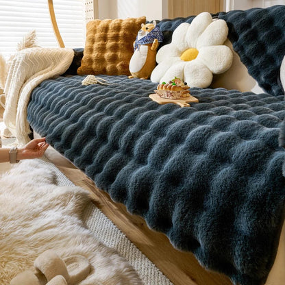 Thick Imitation Rabbit Fur Non-Slip Sofa Slipcover black-gray 70120cm by HitMyNeed