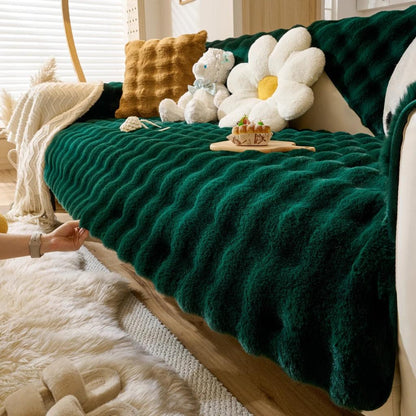 Thick Imitation Rabbit Fur Non-Slip Sofa Slipcover dark-green 7070cm by HitMyNeed