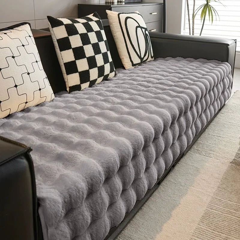 Thick Imitation Rabbit Fur Non-Slip Sofa Slipcover dark-grey 7070cm by HitMyNeed