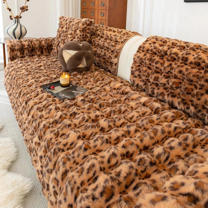 Thick Imitation Rabbit Fur Non-Slip Sofa Slipcover leopard 110210cm by HitMyNeed