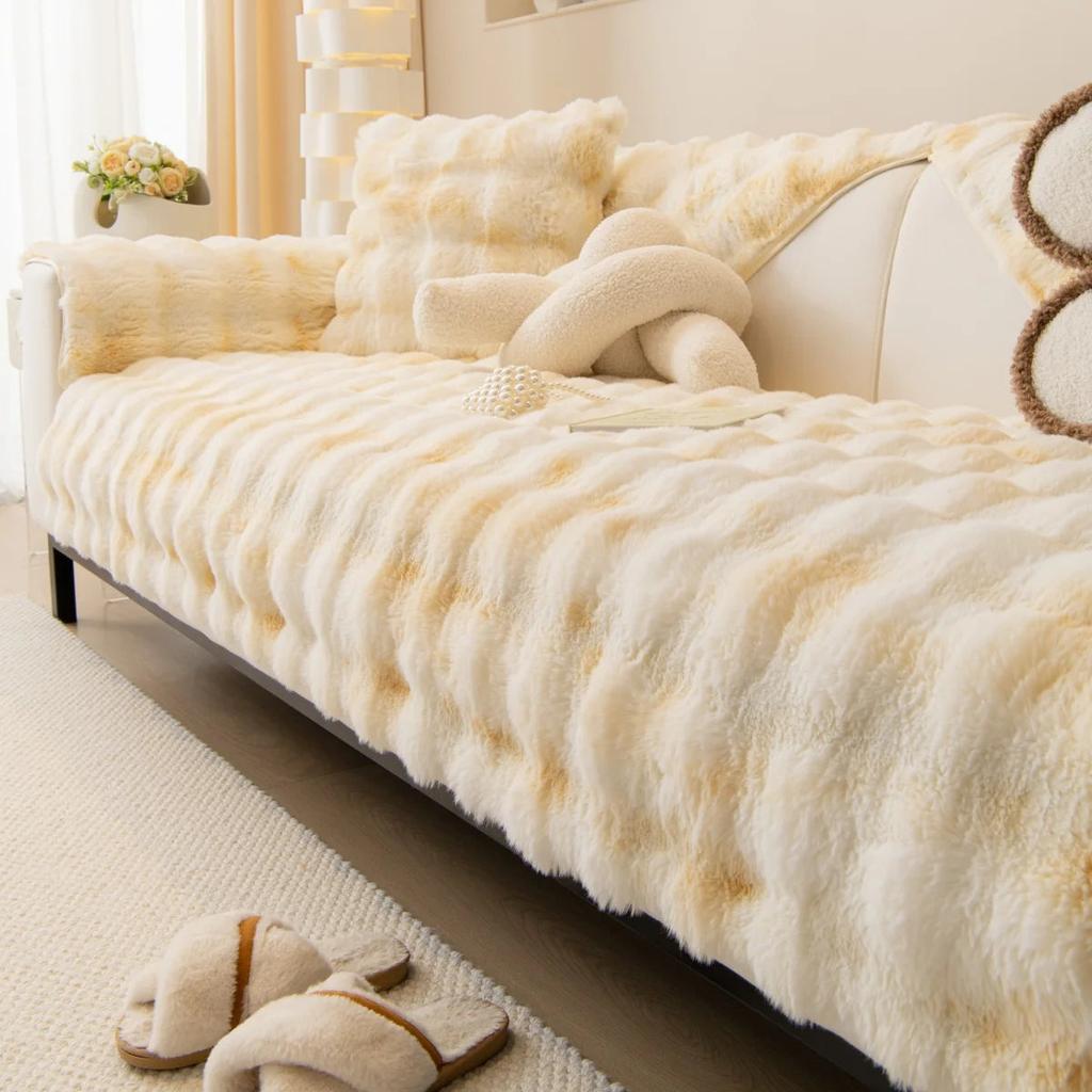 Thick Imitation Rabbit Fur Non-Slip Sofa Slipcover tie-dye-beige 110x160cm by HitMyNeed