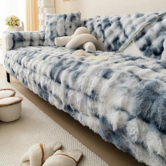 Thick Imitation Rabbit Fur Non-Slip Sofa Slipcover tie-dye-blue 7070cm by HitMyNeed