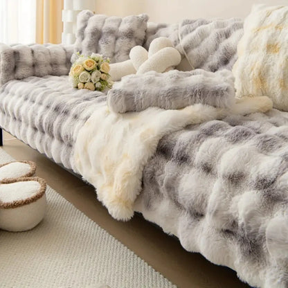 Thick Imitation Rabbit Fur Non-Slip Sofa Slipcover tie-dye-grey 70120cm by HitMyNeed