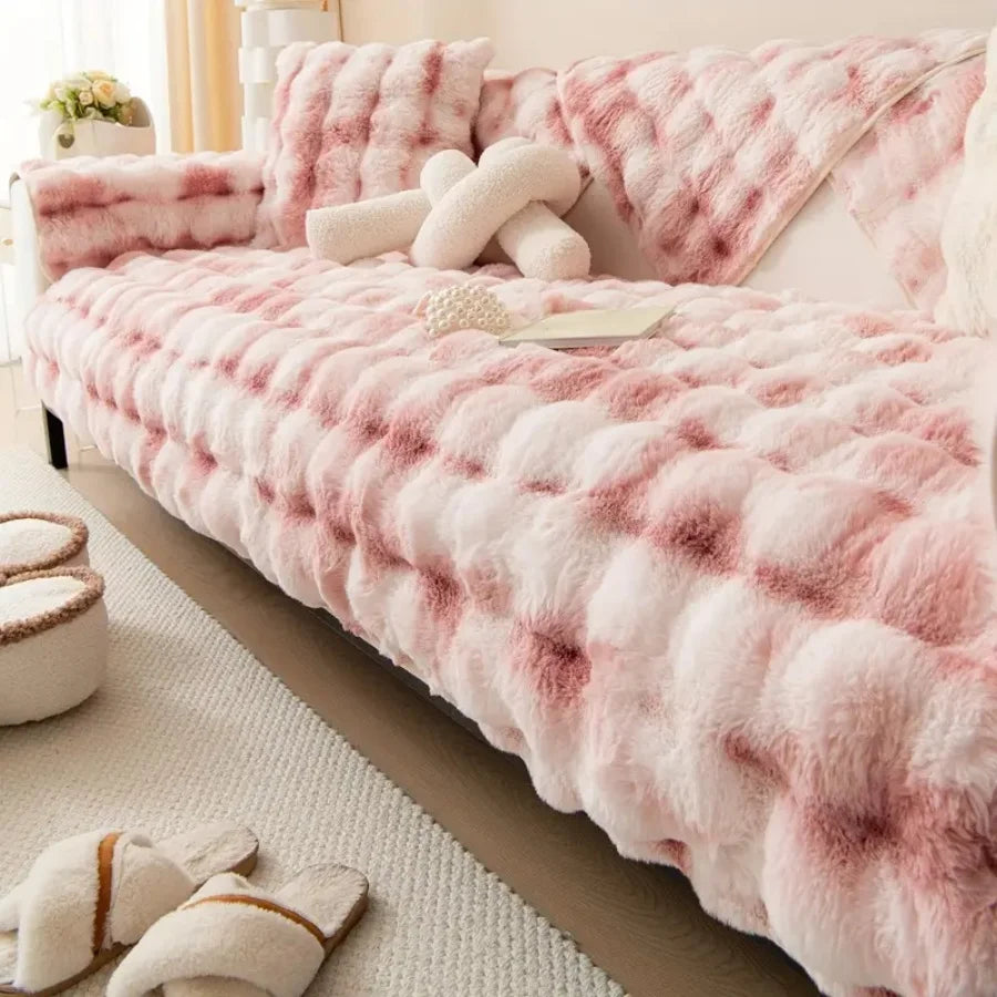 Thick Imitation Rabbit Fur Non-Slip Sofa Slipcover tie-dye-pink 7070cm by HitMyNeed