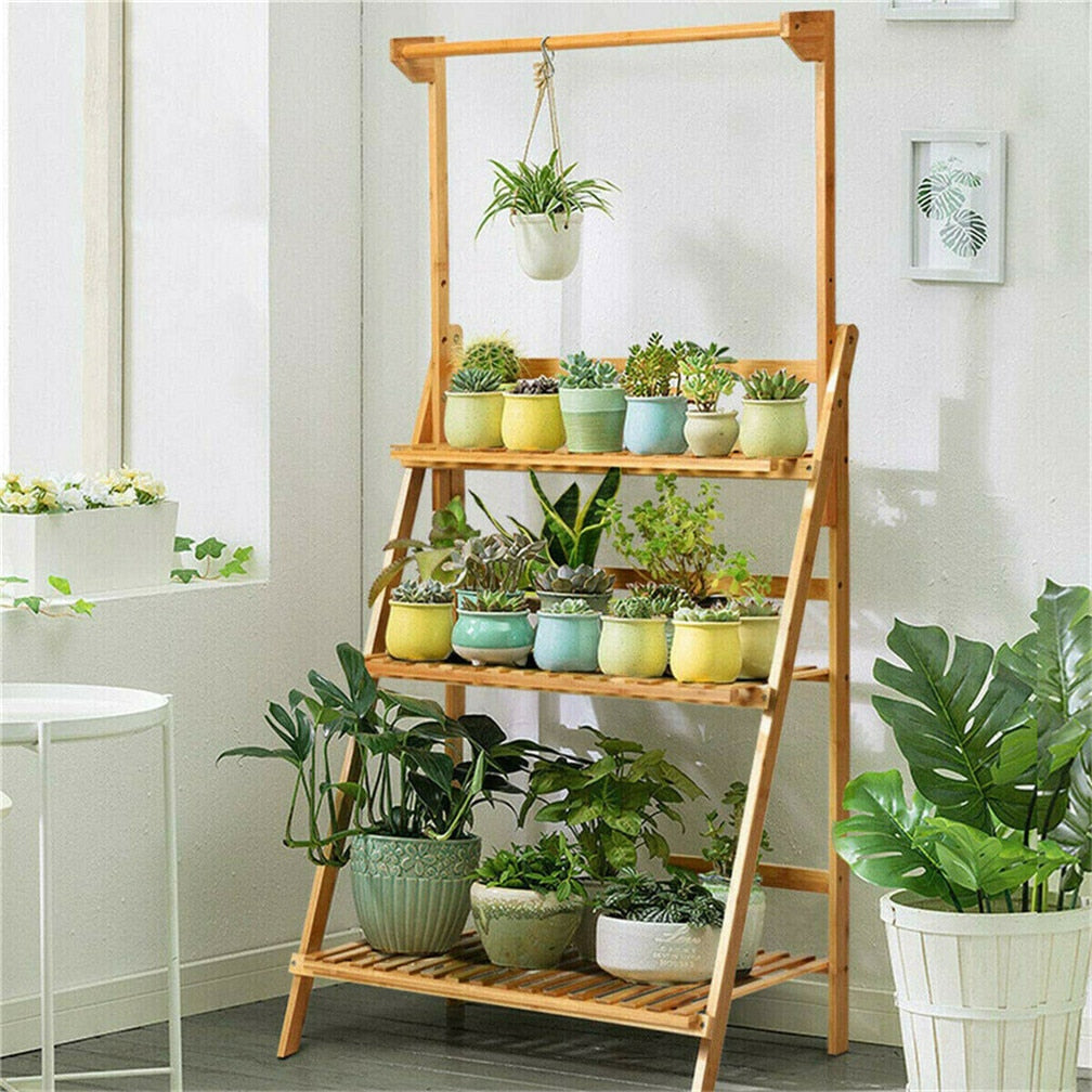 Three Tier Bamboo Plant Rack with Hanging Rod by HitMyNeed