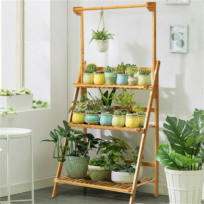 Three Tier Bamboo Plant Rack with Hanging Rod by HitMyNeed