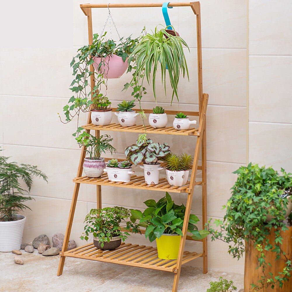 Three Tier Bamboo Plant Rack with Hanging Rod by HitMyNeed