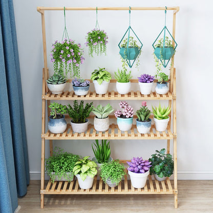 Three Tier Bamboo Plant Rack with Hanging Rod by HitMyNeed