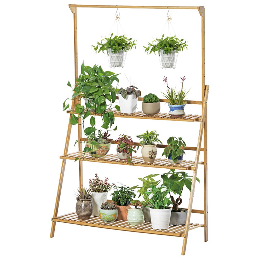 Three Tier Bamboo Plant Rack with Hanging Rod by HitMyNeed