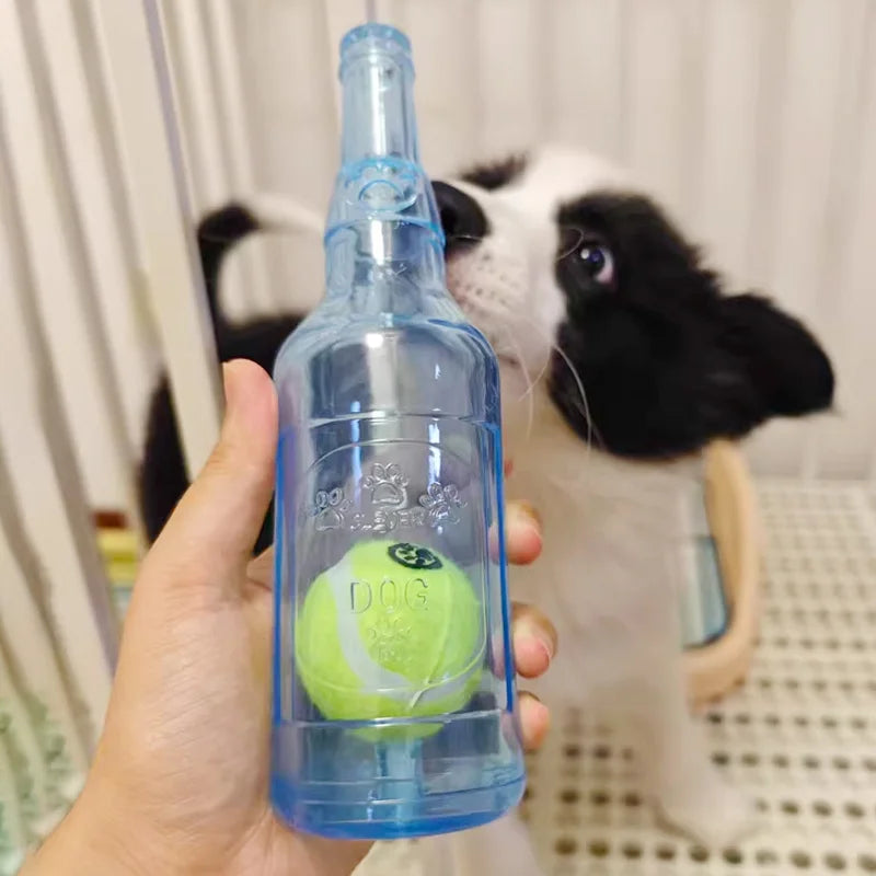 TPR Beer Bottle Dog Chew Toy with Tennis Ball & Squeaker by HitMyNeed