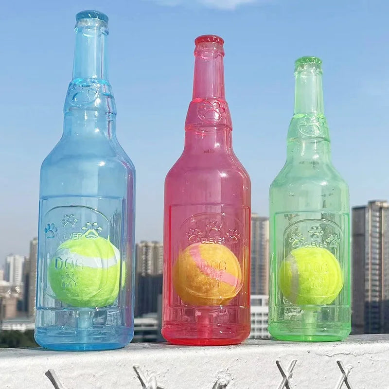 TPR Beer Bottle Dog Chew Toy with Tennis Ball & Squeaker by HitMyNeed