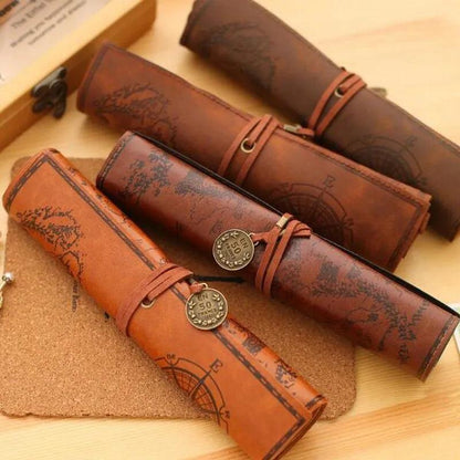 Treasure Map PU Leather Roll-Up Pencil & Makeup Case by HitMyNeed