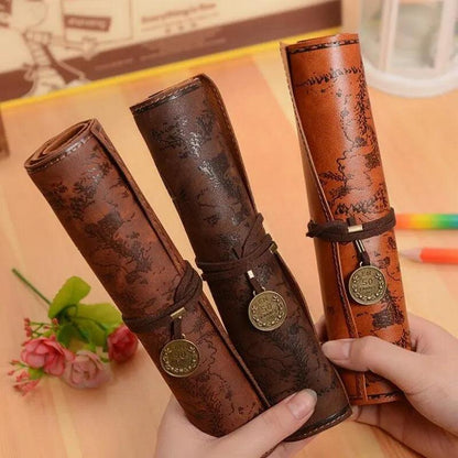 Treasure Map PU Leather Roll-Up Pencil & Makeup Case by HitMyNeed