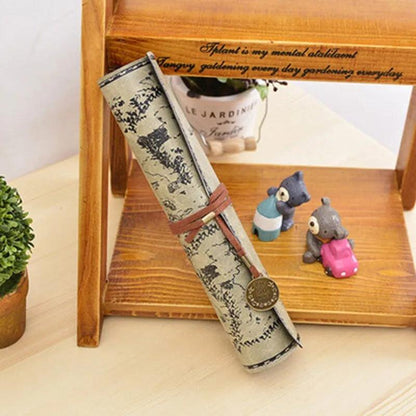 Treasure Map PU Leather Roll-Up Pencil & Makeup Case by HitMyNeed