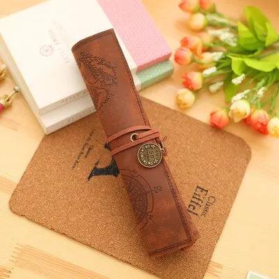 Treasure Map PU Leather Roll-Up Pencil & Makeup Case brown by HitMyNeed