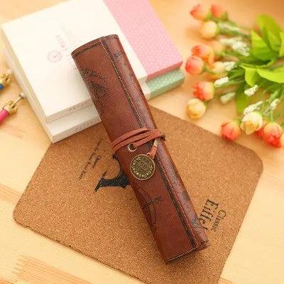 Treasure Map PU Leather Roll-Up Pencil & Makeup Case deep-brown by HitMyNeed