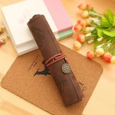 Treasure Map PU Leather Roll-Up Pencil & Makeup Case scrub-deep-brown by HitMyNeed