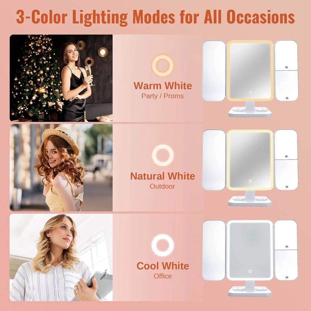 Trifold LED Makeup Mirror with Smart Fill Light by HitMyNeed