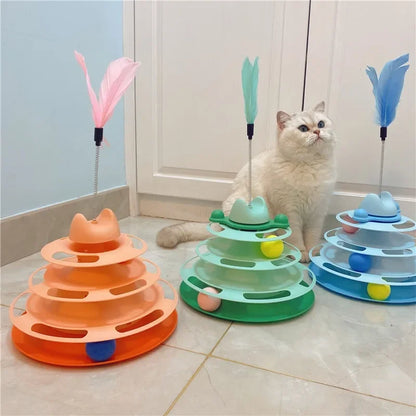 Triple Layer Cat Toy with Balls and Feather Teaser by HitMyNeed