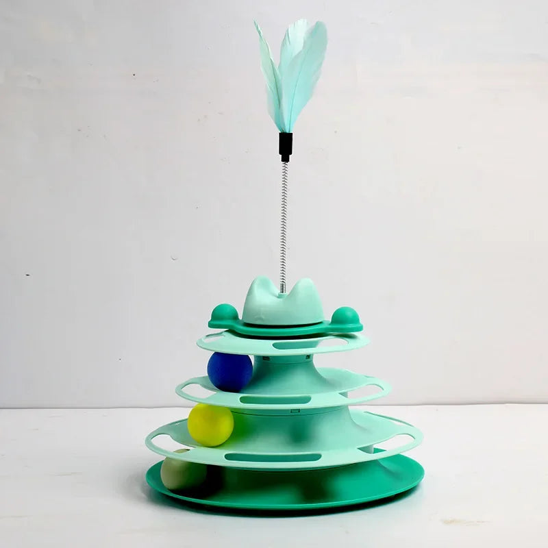 Triple Layer Cat Toy with Balls and Feather Teaser feather-green by HitMyNeed
