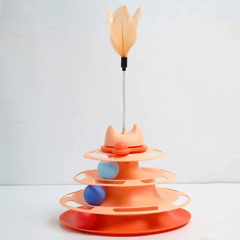 Triple Layer Cat Toy with Balls and Feather Teaser feather-orange by HitMyNeed