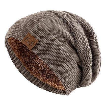 Unisex Fur Lined Slouchy Knit Winter Beanie khaki by HitMyNeed