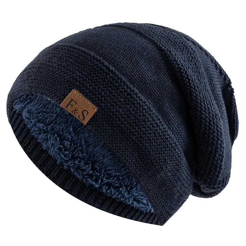 Unisex Fur Lined Slouchy Knit Winter Beanie navy-blue by HitMyNeed