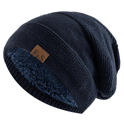 Unisex Fur Lined Slouchy Knit Winter Beanie navy-blue by HitMyNeed