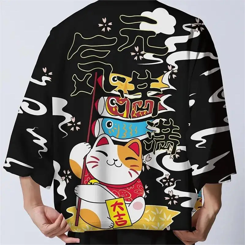 Unisex Harajuku Cat Print Haori Kimono Cardigan 14.0 xl by HitMyNeed