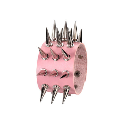 Unisex Triple-Row Spiked Leather Punk Bracelet pink by HitMyNeed