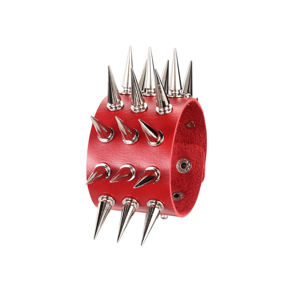 Unisex Triple-Row Spiked Leather Punk Bracelet red by HitMyNeed