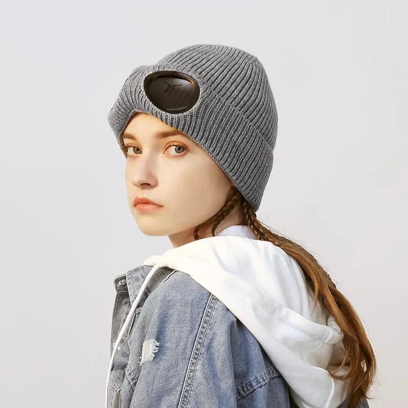 Unisex Winter Knitted Hat with Detachable Goggles by HitMyNeed